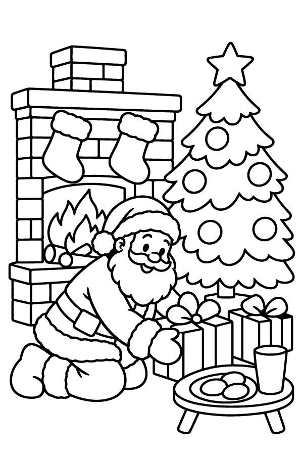 クリスマスの塗り絵：暖炉のそばにプレゼントを置くサンタ