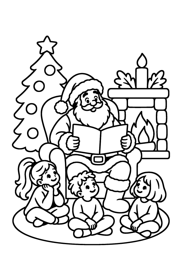 クリスマスの塗り絵：暖炉のそばで子どもたちに絵本を読むサンタ
