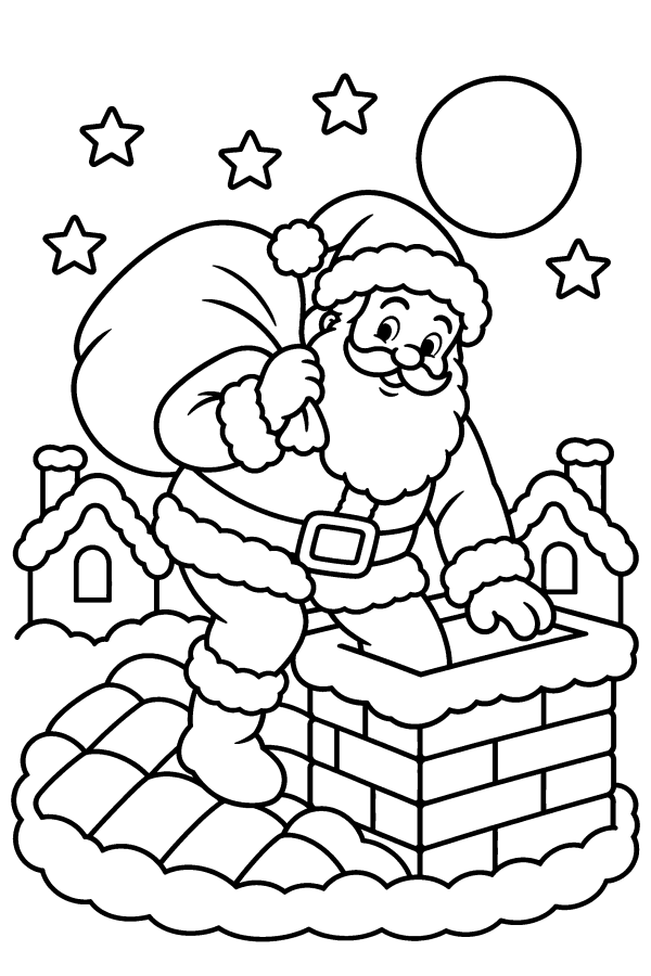 クリスマスの塗り絵：雪の屋根のえんとつに入るサンタ