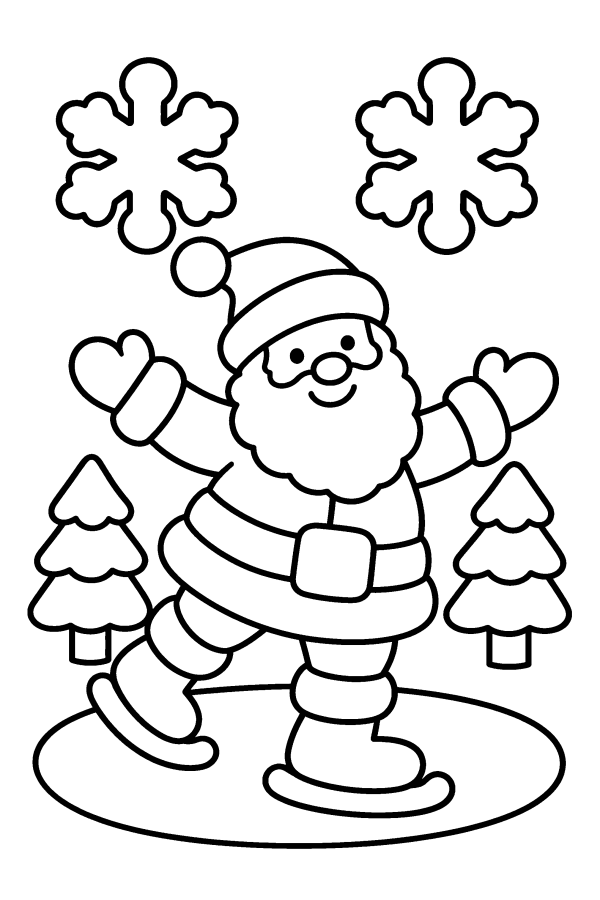クリスマスの塗り絵：凍った池でスケートをするサンタ