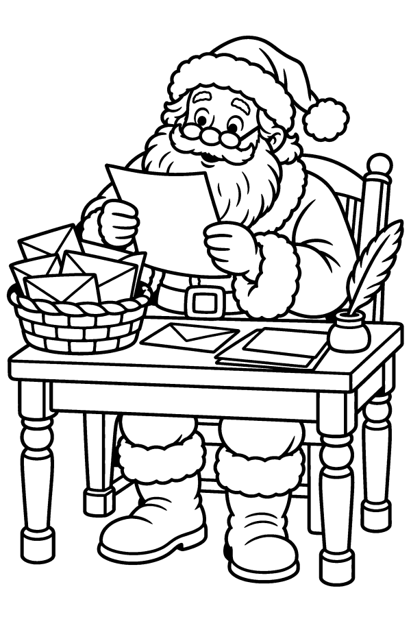 クリスマスの塗り絵：子どもたちからの手紙を読むサンタ