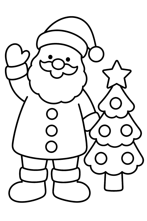 クリスマスの塗り絵：小さなツリーのとなりで手をふるサンタ