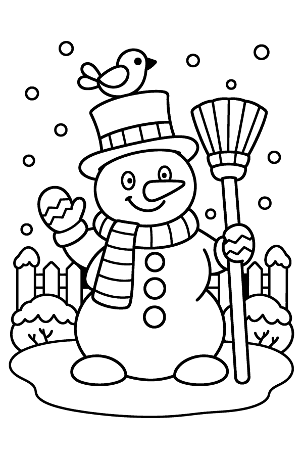 クリスマスの塗り絵：ほうきをもった雪だるまと小鳥