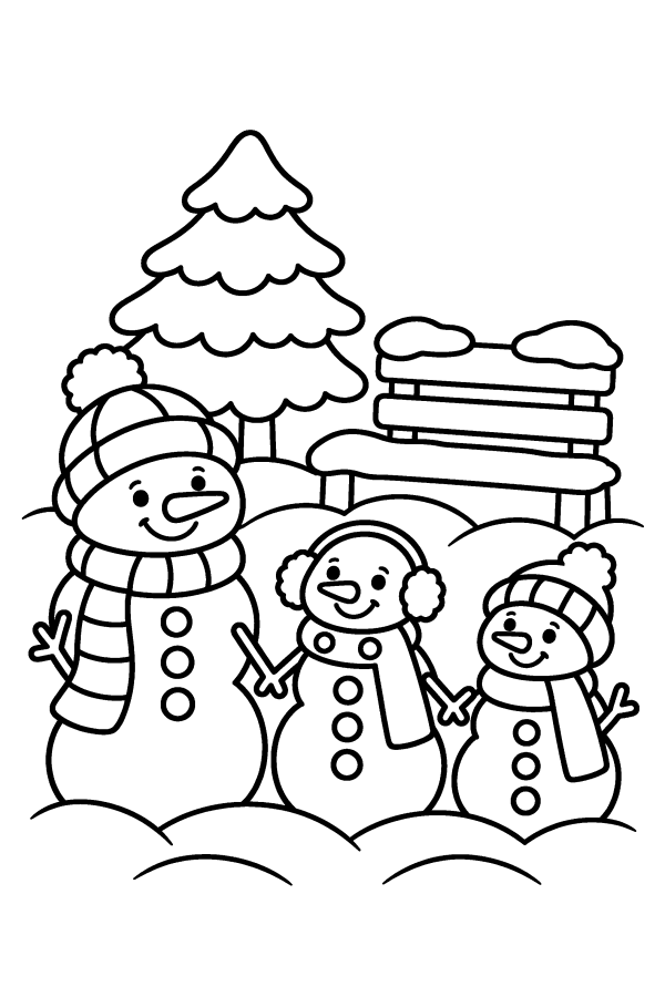 クリスマスの塗り絵：雪だるまの家族