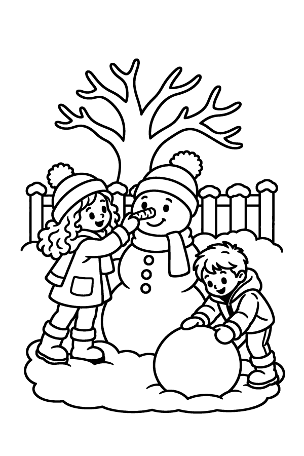クリスマスの塗り絵：雪だるまをつくる子どもたち
