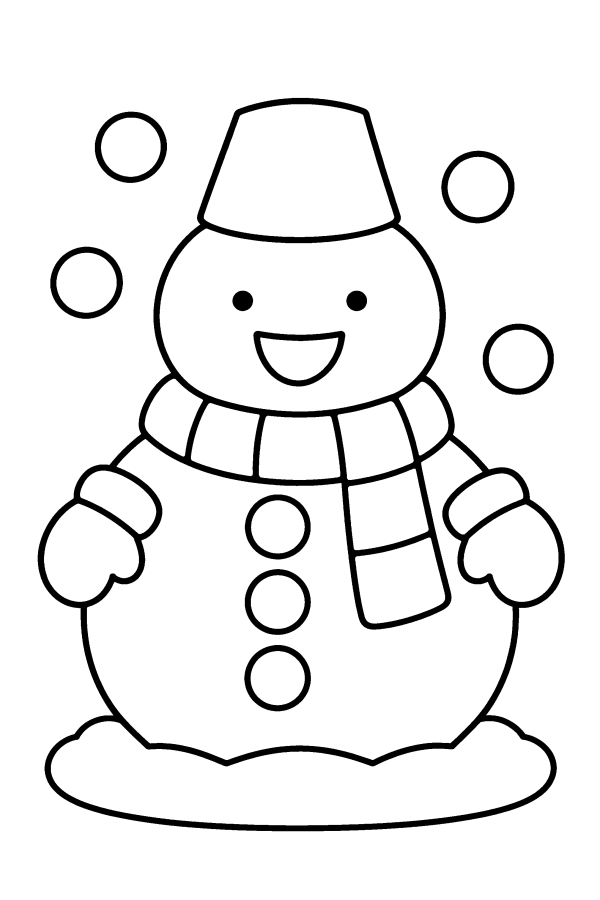 クリスマスの塗り絵：バケツの帽子とマフラーの2段の雪だるま