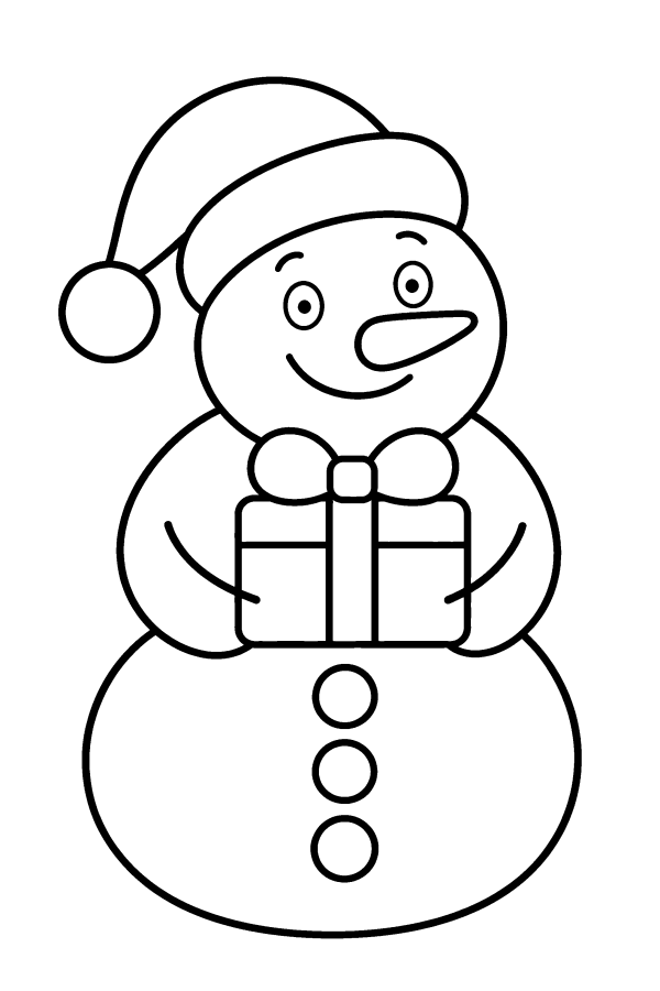 クリスマスの塗り絵：サンタの帽子をかぶって、プレゼントをもつ雪だるま