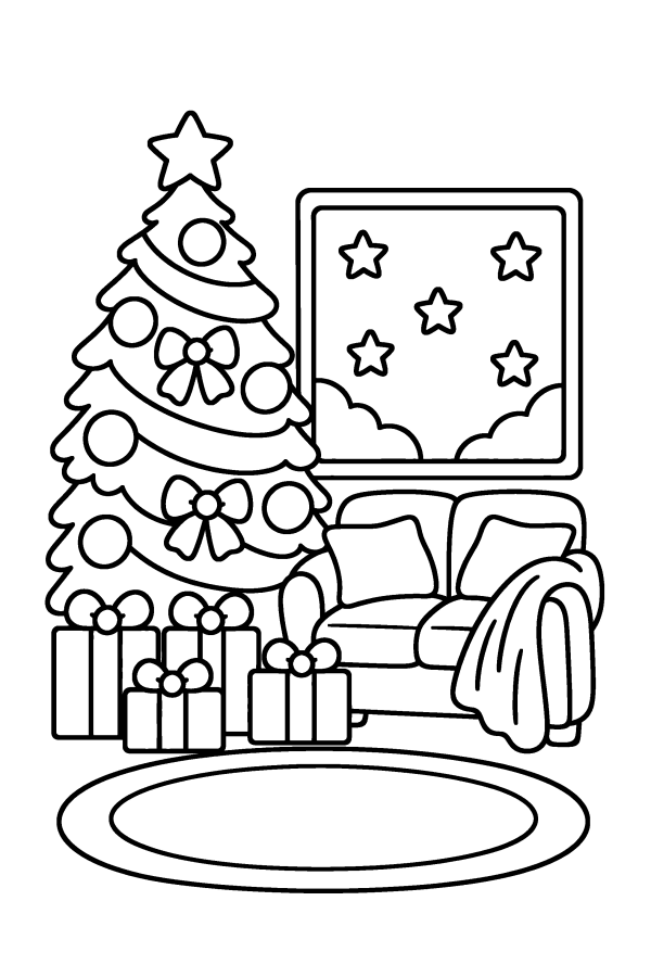 クリスマスの塗り絵：部屋に飾ったクリスマスツリー