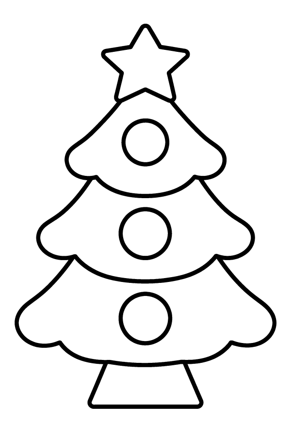 クリスマスの塗り絵：星とオーナメントの大きなクリスマスツリー