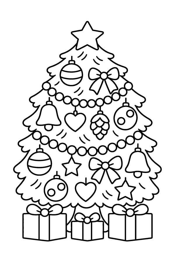 クリスマスの塗り絵：オーナメントをたくさん飾った大きなツリー