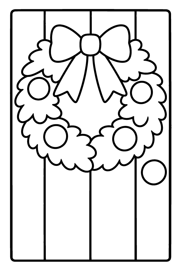 クリスマスの塗り絵：玄関のドアに飾ったクリスマスリース