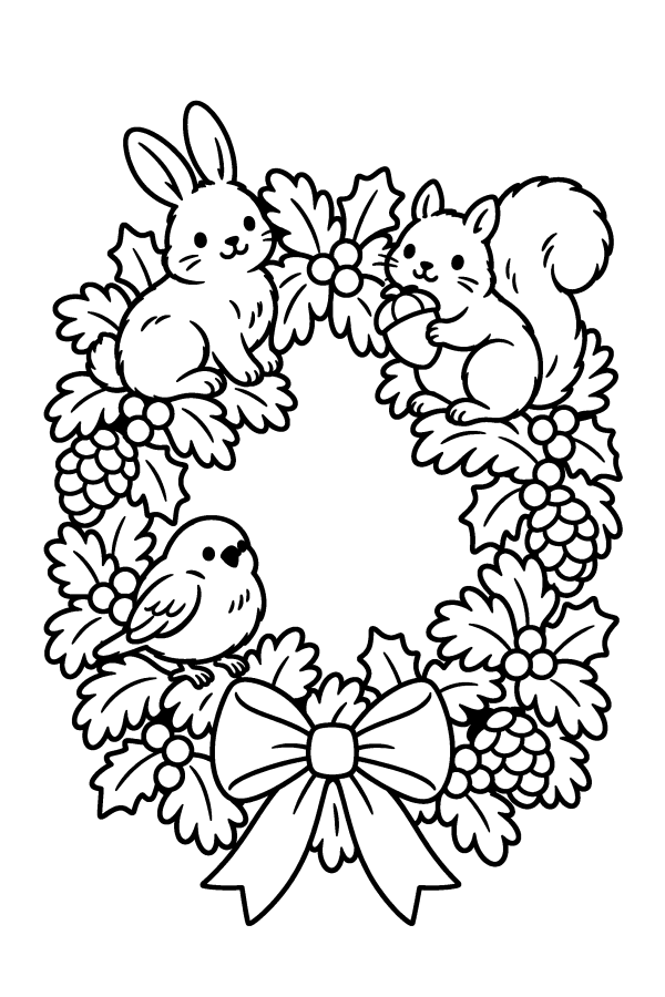 クリスマスの塗り絵：うさぎやリス、小鳥があつまるリース