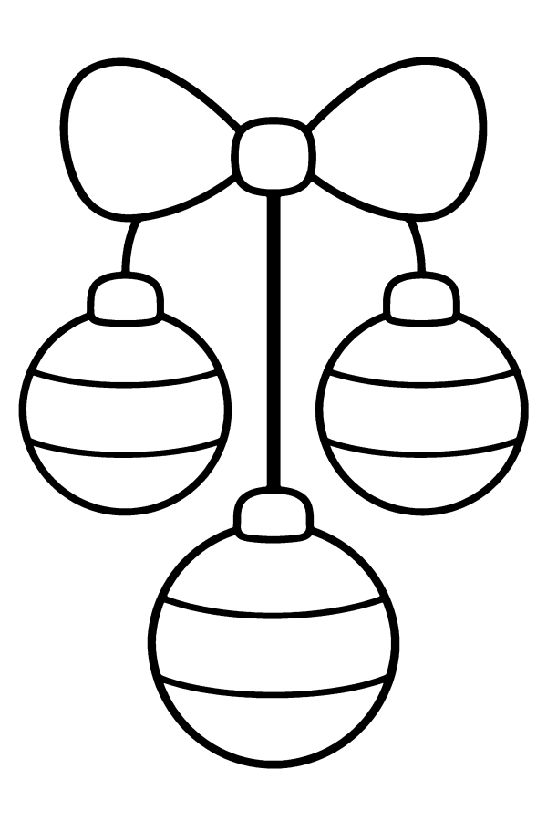 クリスマスの塗り絵：大きなリボンにつるした3つのオーナメント