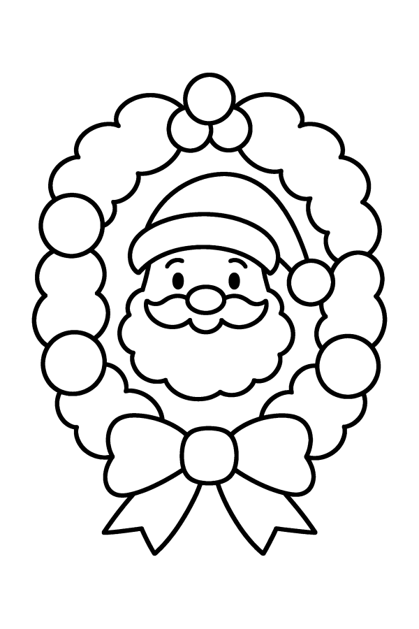 クリスマスの塗り絵：まんなかにサンタの顔があるリース