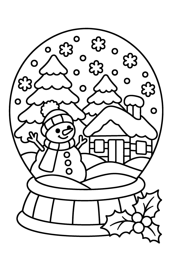 クリスマスの塗り絵：雪だるまと雪の小屋が入ったスノードーム