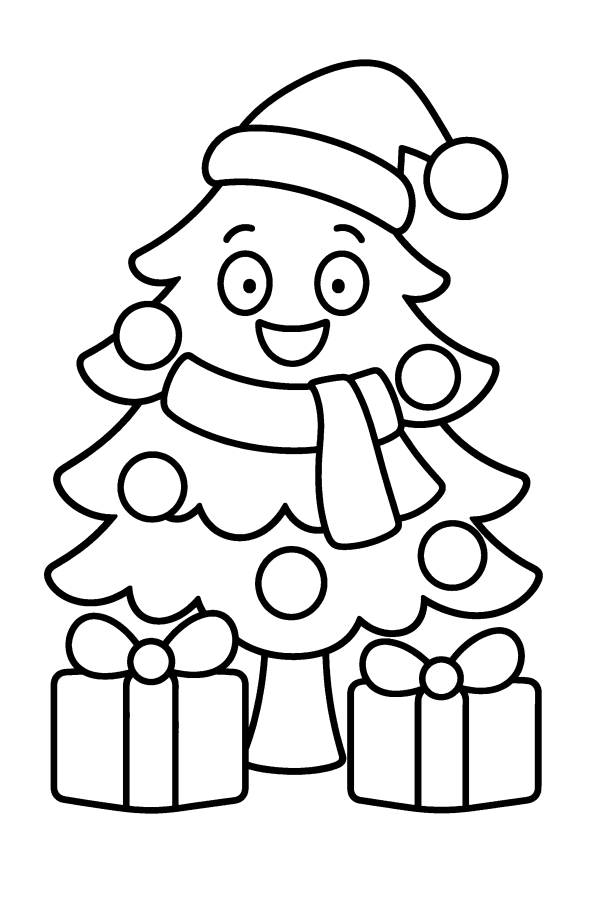 クリスマスツリーの塗り絵：サンタの帽子とマフラーをつけた笑顔のツリーとプレゼント