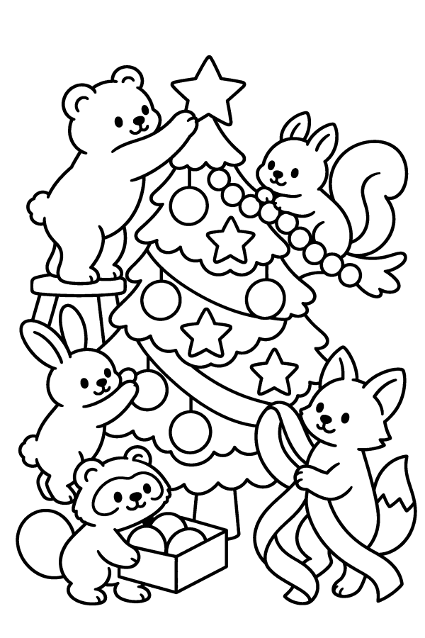 クリスマスツリーの塗り絵：クリスマスツリーを飾りつけるどうぶつたち