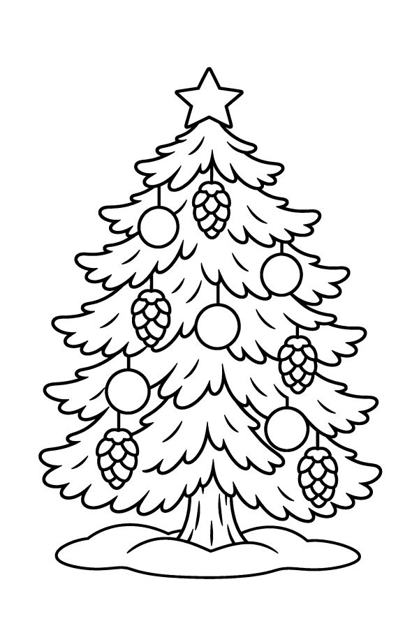 クリスマスツリーの塗り絵：松ぼっくりと丸い飾りの、本物のようなもみの木