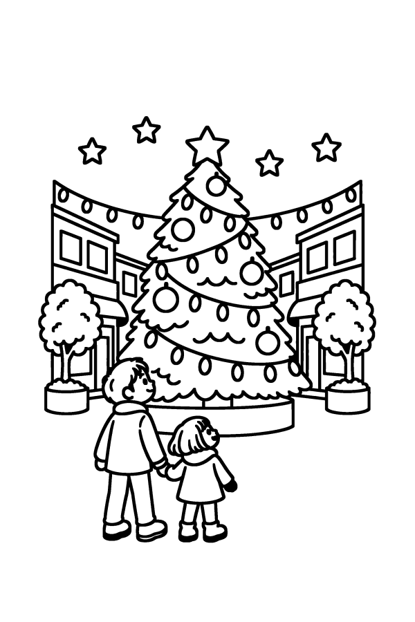 クリスマスツリーの塗り絵：街の大きなツリーとイルミネーションを見上げる親子