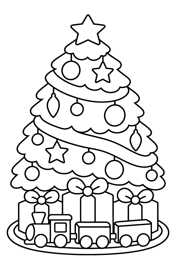 クリスマスツリーの塗り絵：ガーランドで飾ったツリーとプレゼント、汽車のおもちゃ