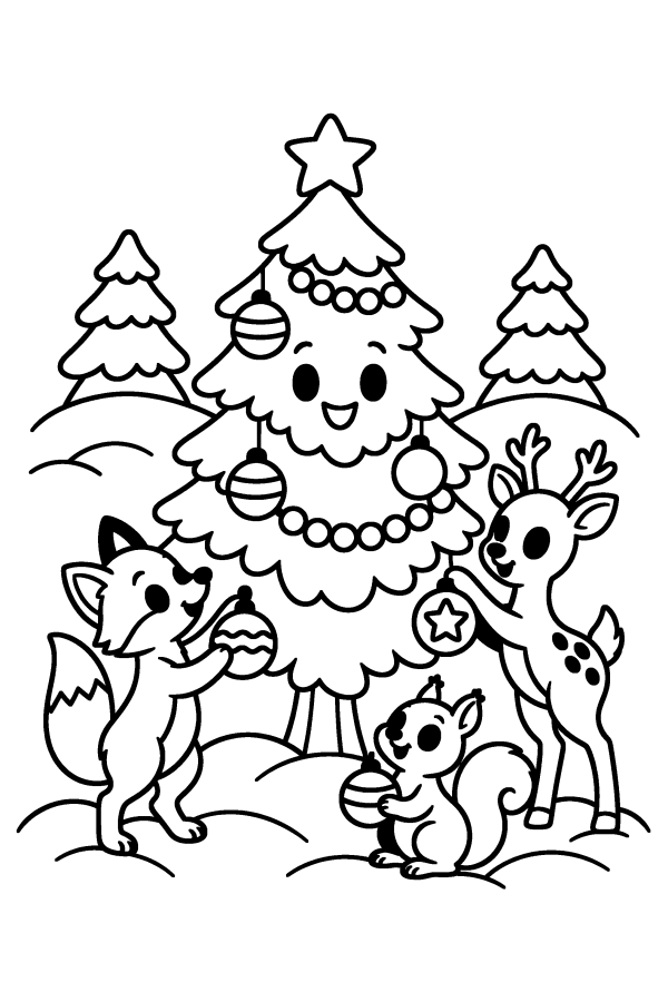 クリスマスツリーの塗り絵：森の笑顔のツリーに飾りをつけるキツネ、シカ、リス