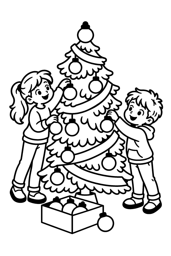 クリスマスツリーの塗り絵：ツリーを飾る2人の子ども