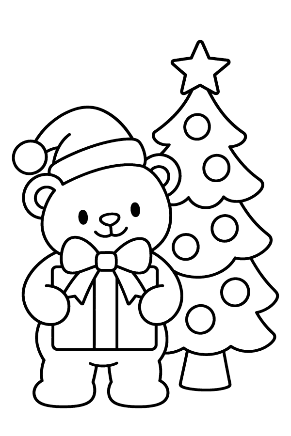 クリスマスツリーの塗り絵：プレゼントをかかえたくまとクリスマスツリー