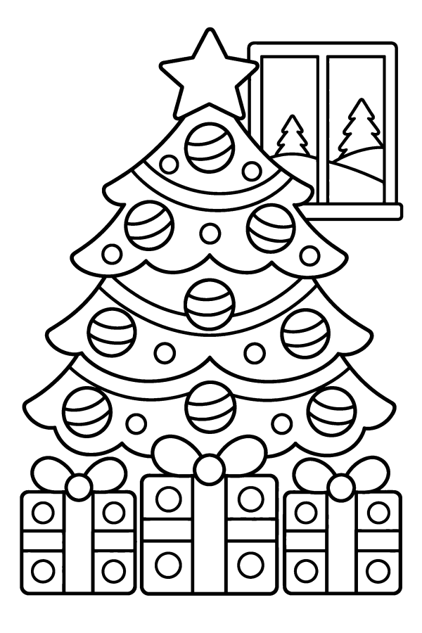 クリスマスツリーの塗り絵：窓辺の、しまもようの玉で飾ったツリーとプレゼント