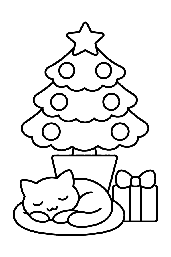 クリスマスツリーの塗り絵：小さなツリーの下でねむるねこ