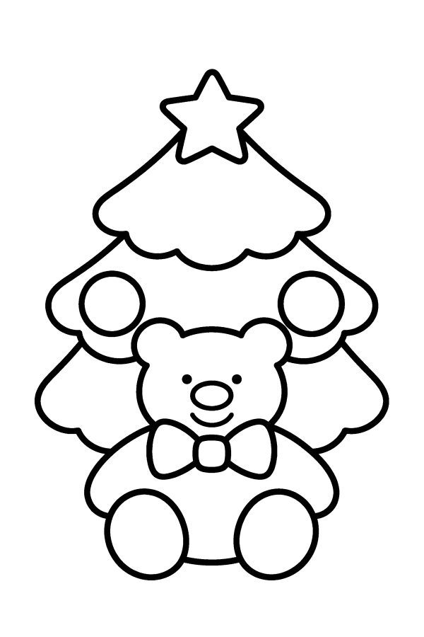 クリスマスツリーの塗り絵：ツリーの前にすわるくまのぬいぐるみ