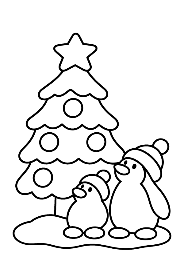 クリスマスツリーの塗り絵：雪の中のツリーを見上げるペンギンのおやこ
