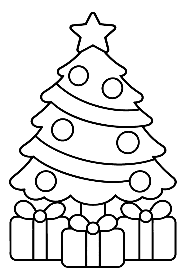 クリスマスツリーの塗り絵：ツリーの下にならんだプレゼント