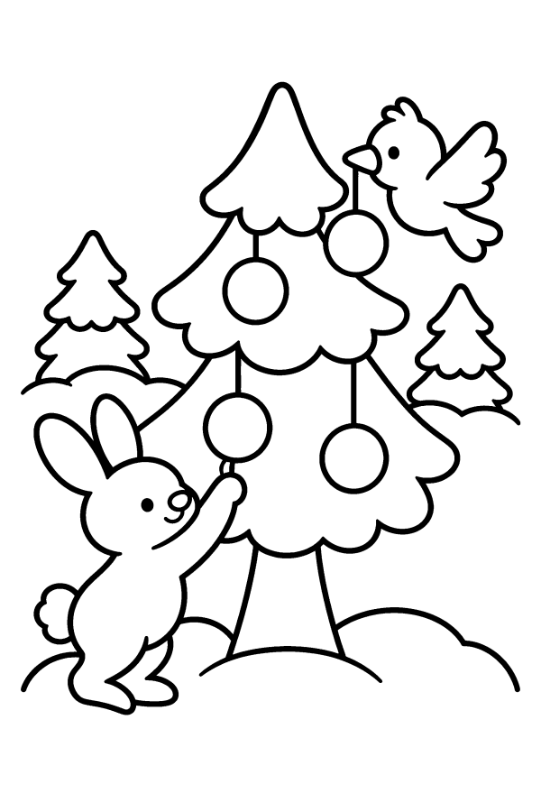 クリスマスツリーの塗り絵：雪の中でもみの木を飾るうさぎと小鳥