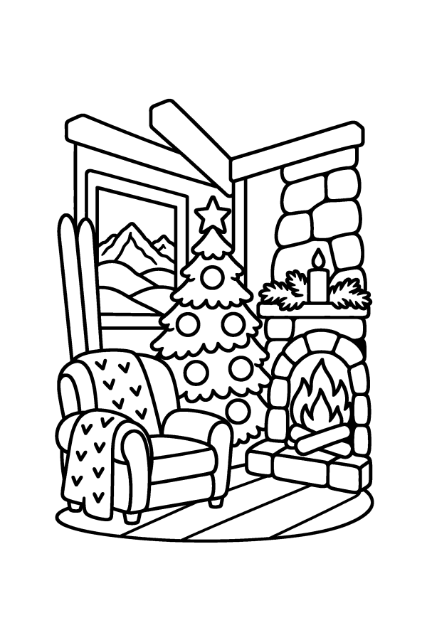 クリスマスツリーの塗り絵：暖炉といすのある山小屋の部屋のツリー