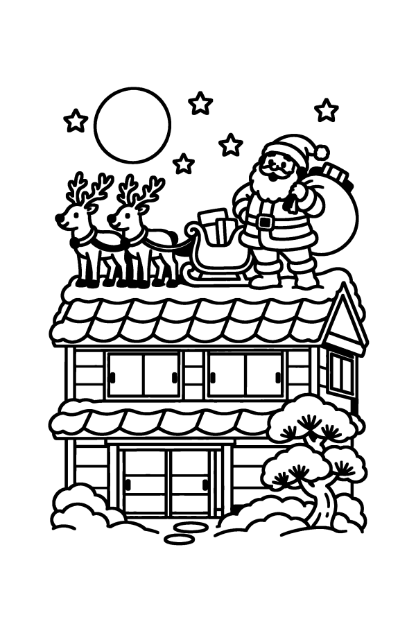 サンタの塗り絵：瓦屋根の家にプレゼントを届けるサンタ