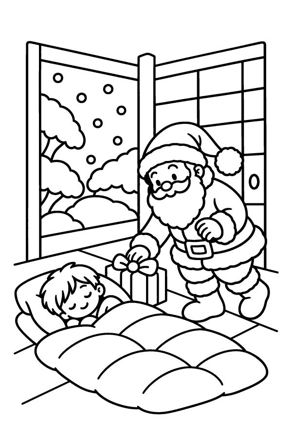 サンタの塗り絵：ふとんでねむる子どものまくらもとにプレゼントを置くサンタ