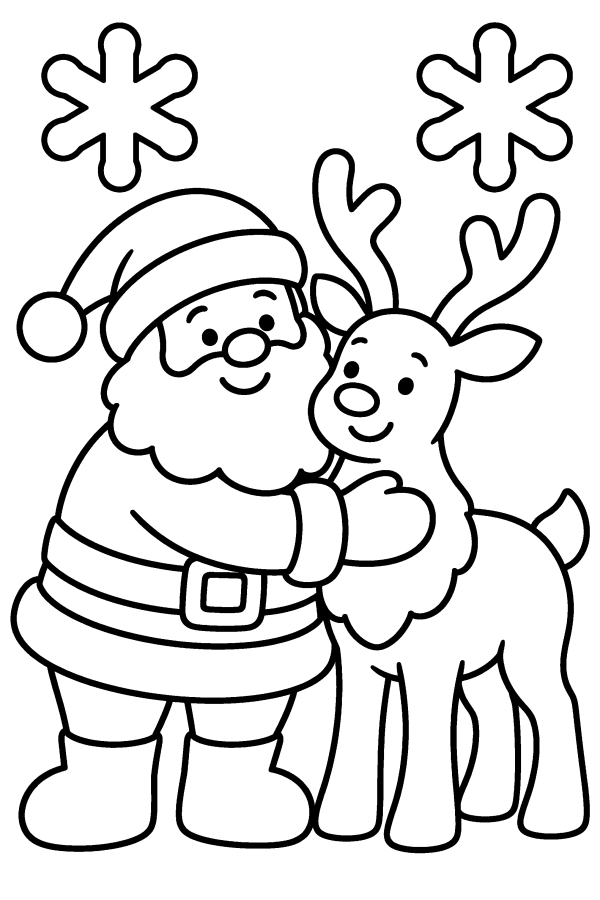 サンタの塗り絵：トナカイをだきしめるサンタ