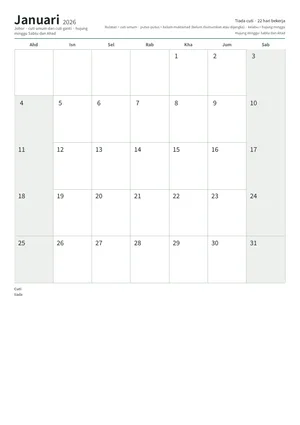 Halaman pertama kalendar bulanan, A4 (12 halaman) (A4 potret · 12 halaman · kira-kira 125 KB)