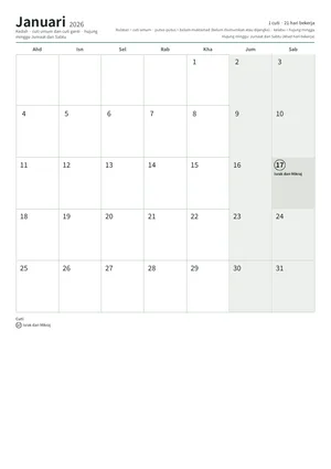 Halaman pertama kalendar bulanan, A4 (12 halaman) (A4 potret · 12 halaman · kira-kira 110 KB)