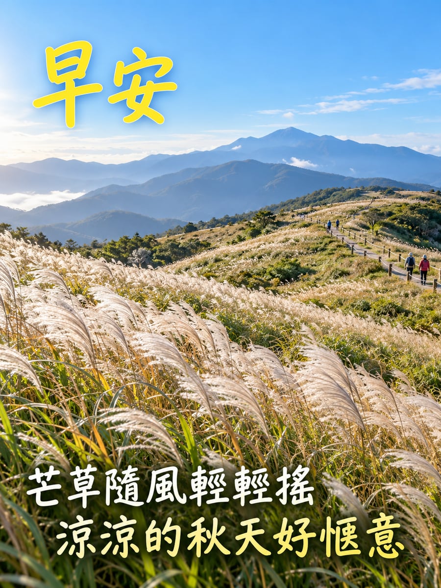 擎天崗芒草海。圖中文字：早安，芒草隨風輕輕搖，涼涼的秋天好愜意