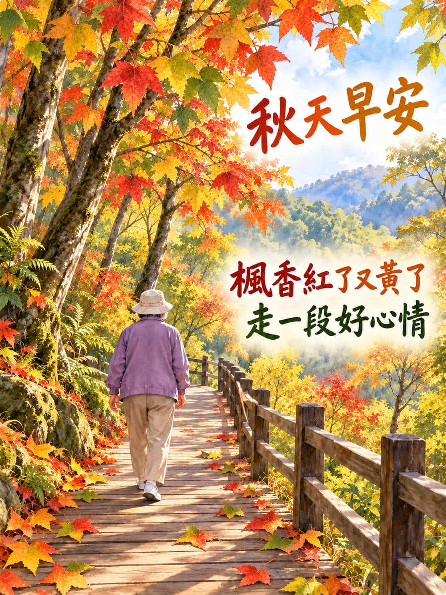 楓香步道的晨光。圖中文字：秋天早安，楓香紅了又黃了，走一段好心情