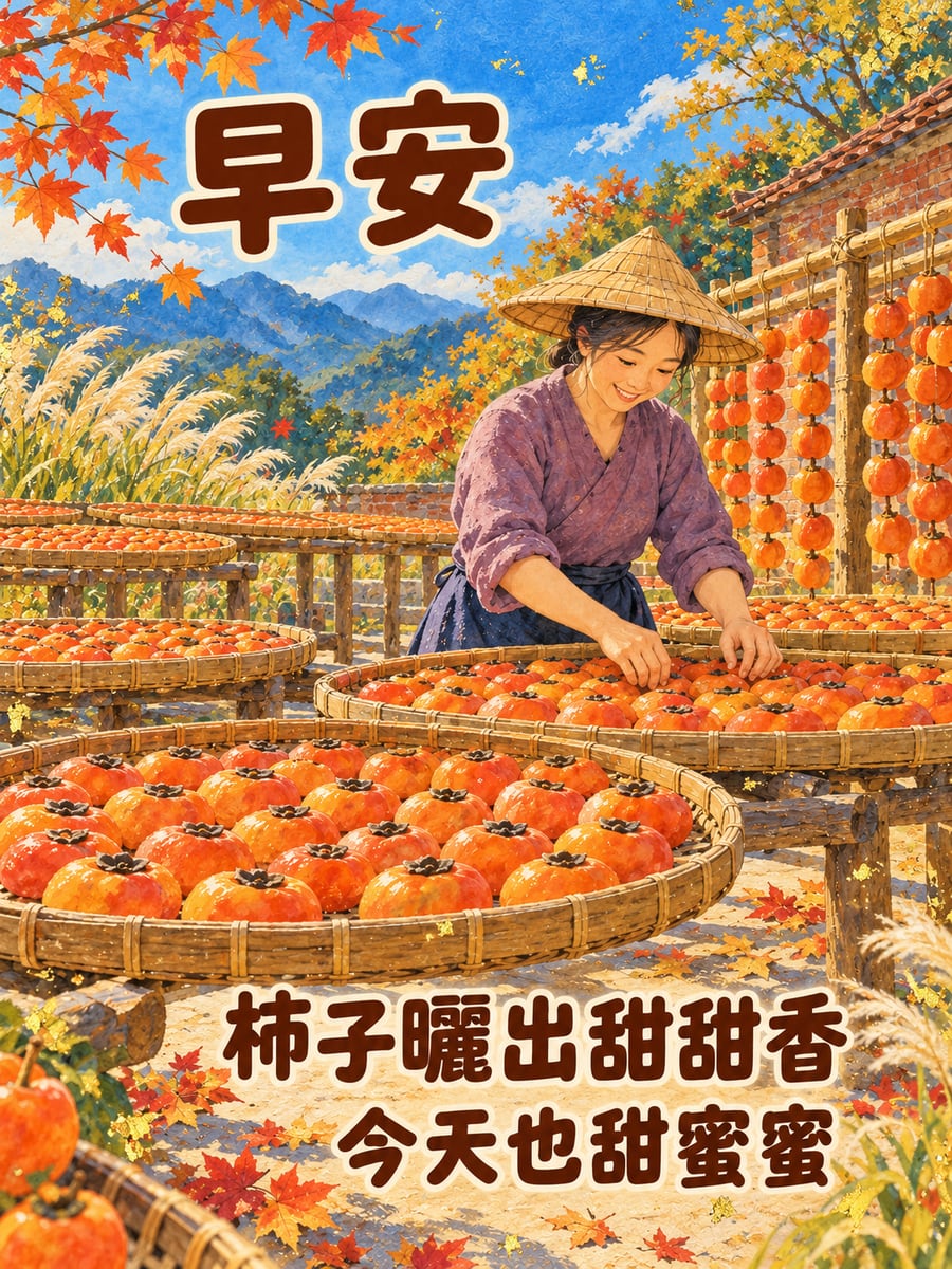 柿餅曬場的早晨。圖中文字：早安，柿子曬出甜甜香，今天也甜蜜蜜