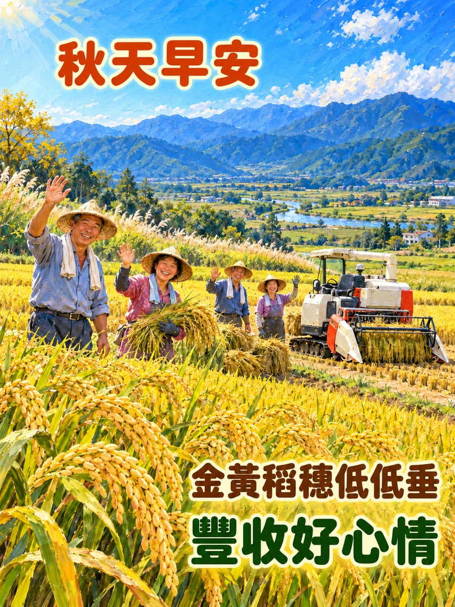 縱谷稻田收割。圖中文字：秋天早安，金黃稻穗低低垂，豐收好心情