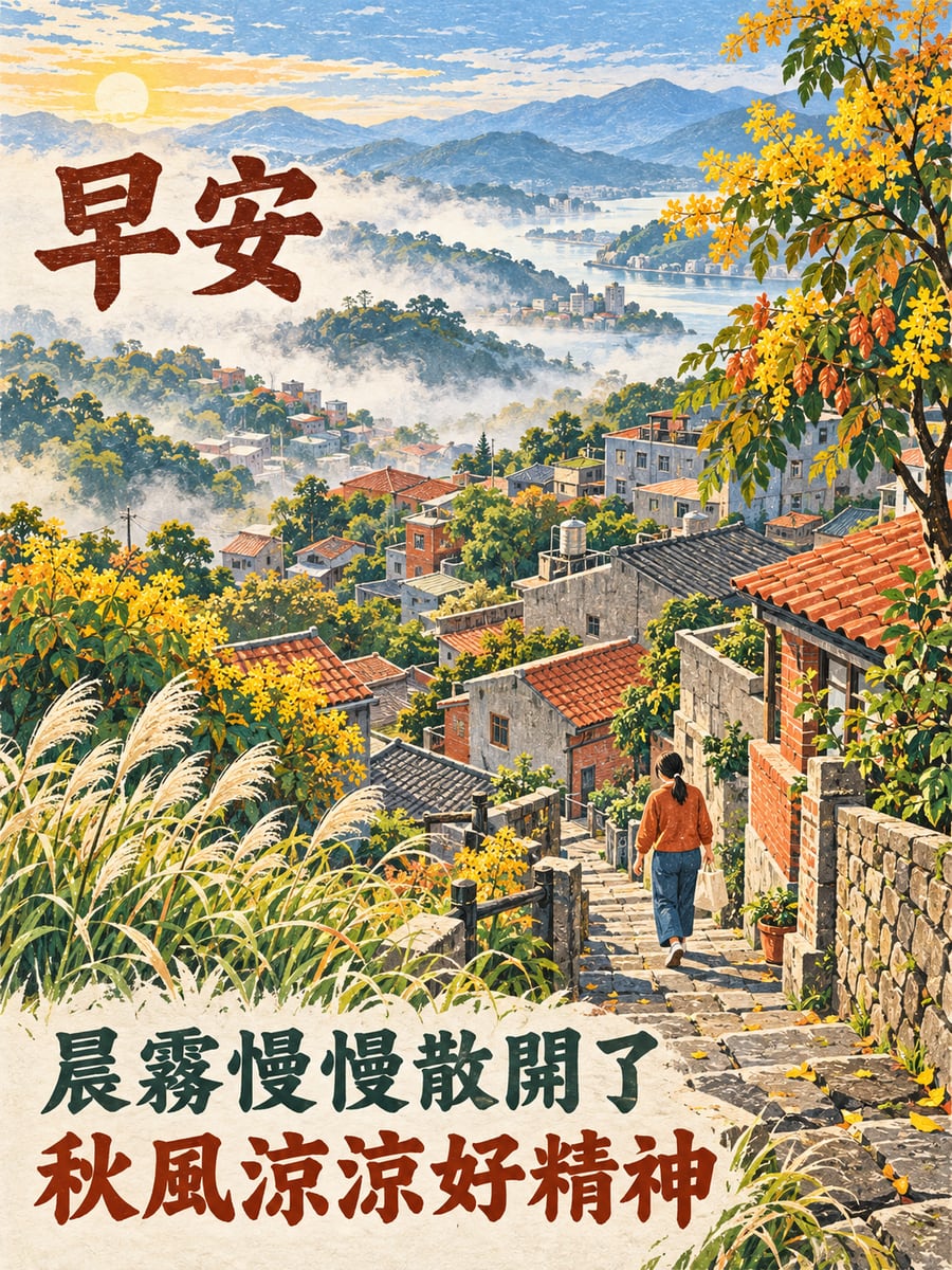 山城的晨霧。圖中文字：早安，晨霧慢慢散開了，秋風涼涼好精神