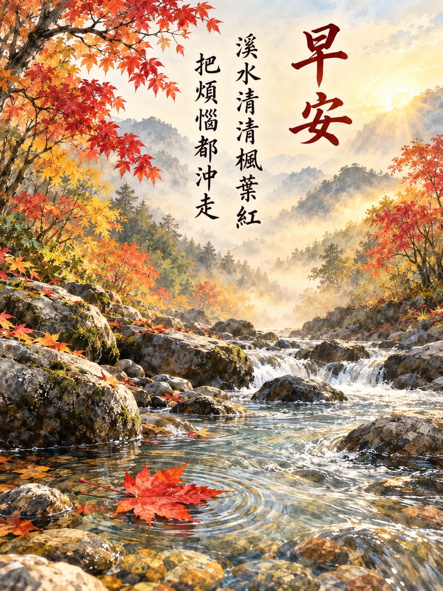 溪谷楓紅。圖中文字：早安，溪水清清楓葉紅，把煩惱都沖走