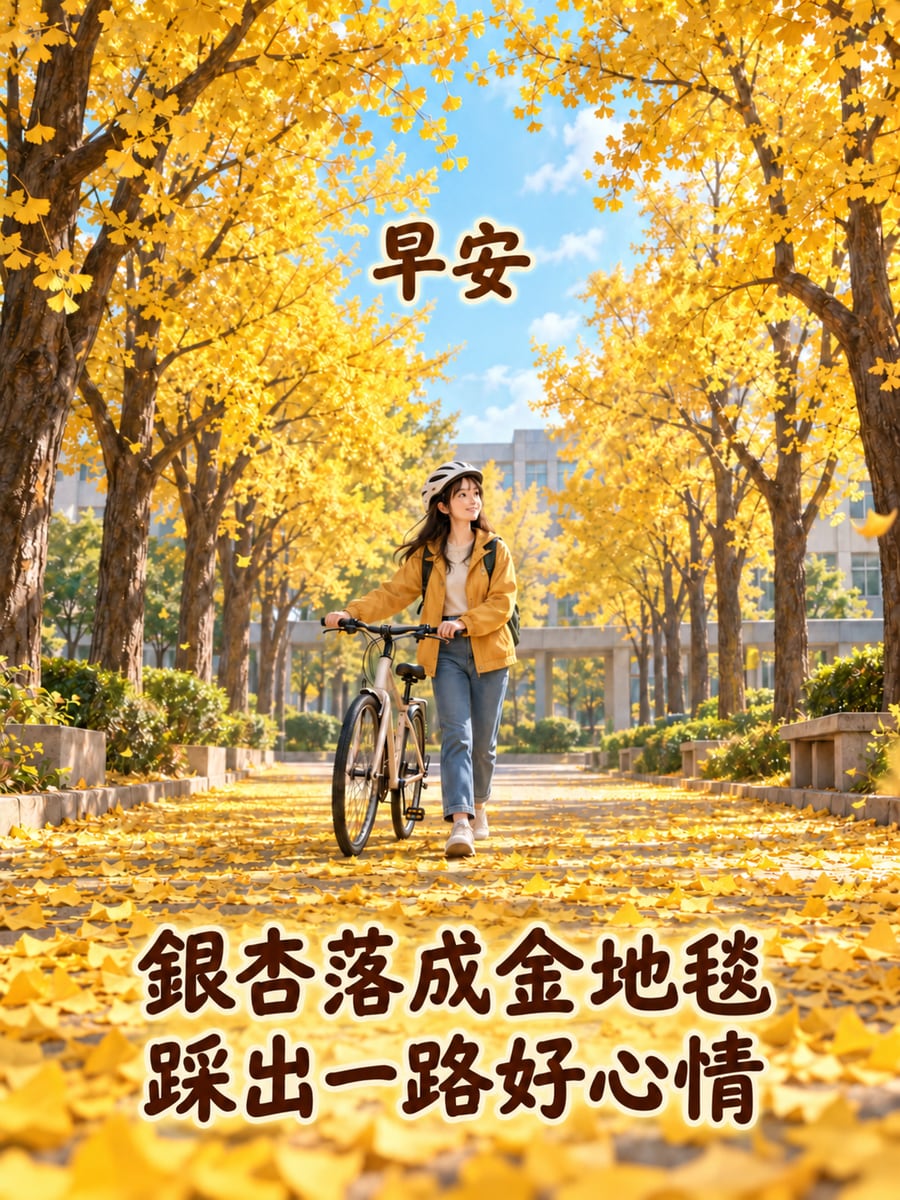銀杏大道。圖中文字：早安，銀杏落成金地毯，踩出一路好心情