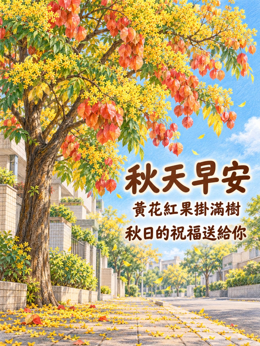 欒樹黃花紅果。圖中文字：秋天早安，黃花紅果掛滿樹，秋日的祝福送給你