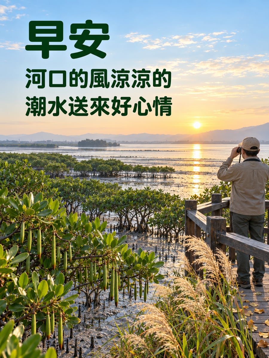 河口水筆仔的秋晨。圖中文字：早安，河口的風涼涼的，潮水送來好心情