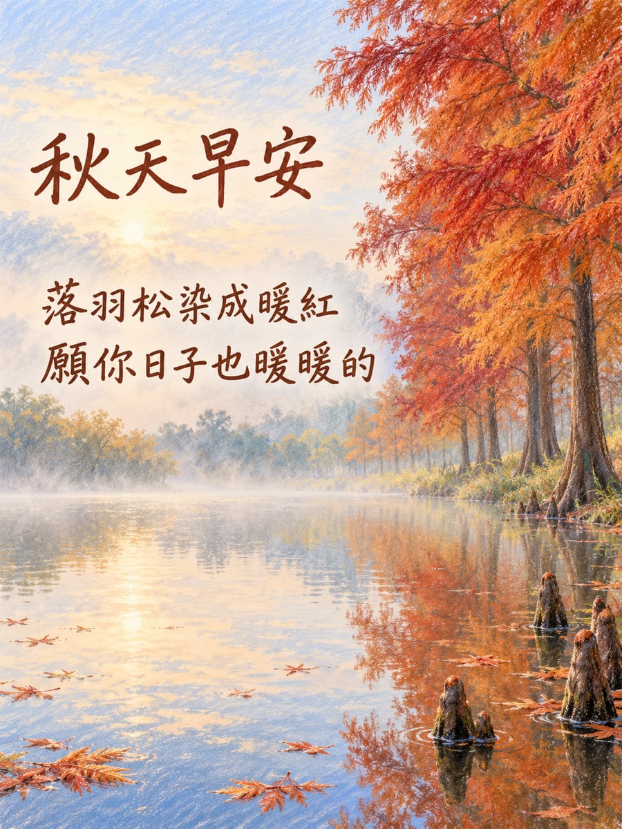 落羽松紅影。圖中文字：秋天早安，落羽松染成暖紅，願你日子也暖暖的