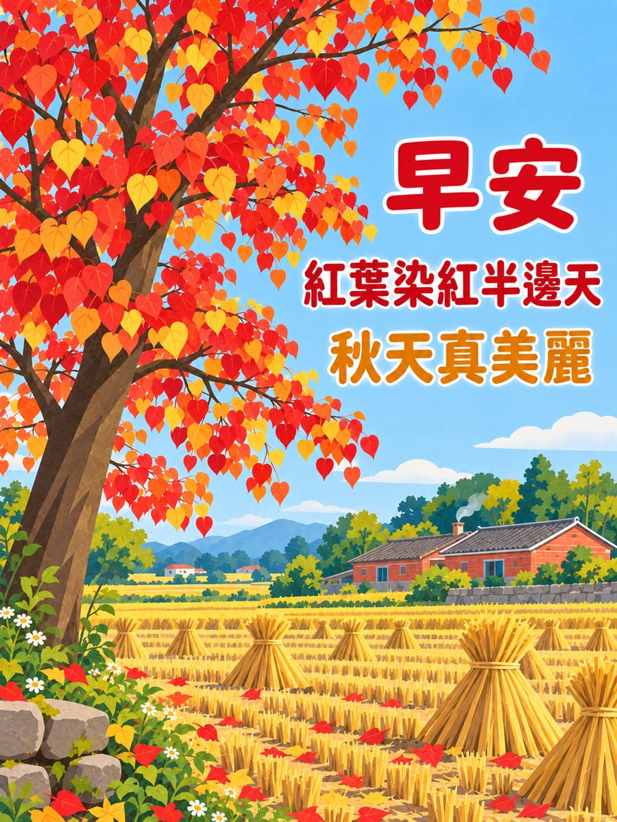 田邊紅葉。圖中文字：早安，紅葉染紅半邊天，秋天真美麗